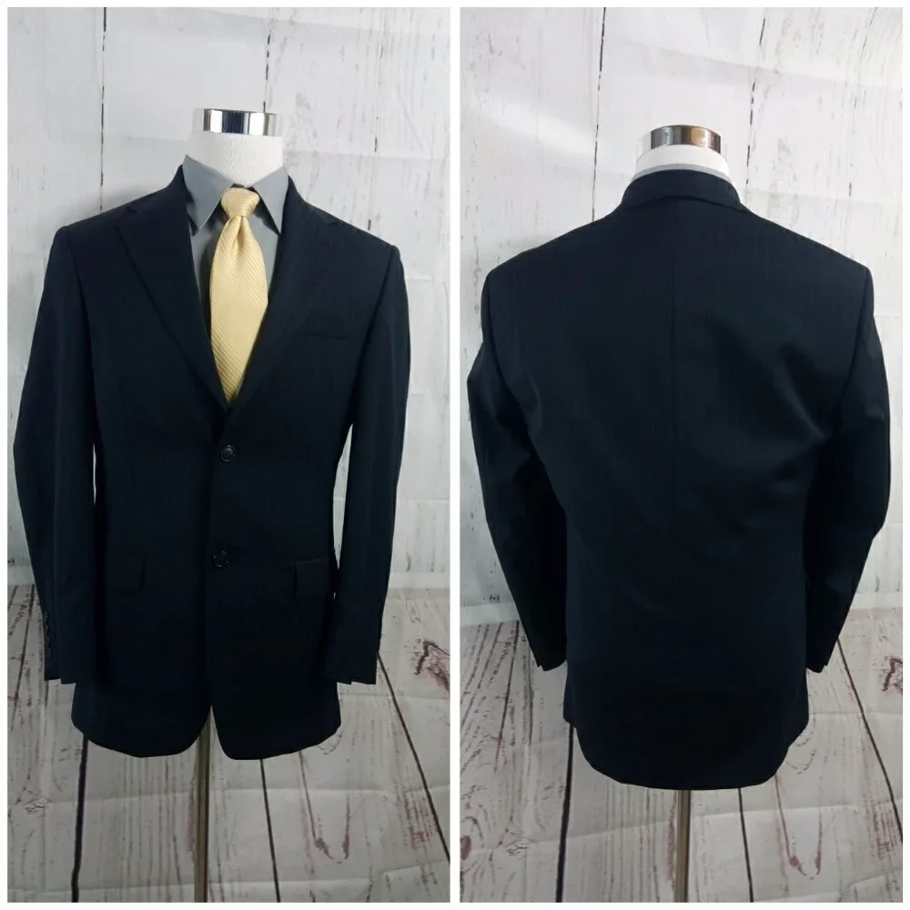 Andrew Fezza Comfort Stretch 37R 2 Btn Dark Blue Striped Suit Blazer Sport Coat